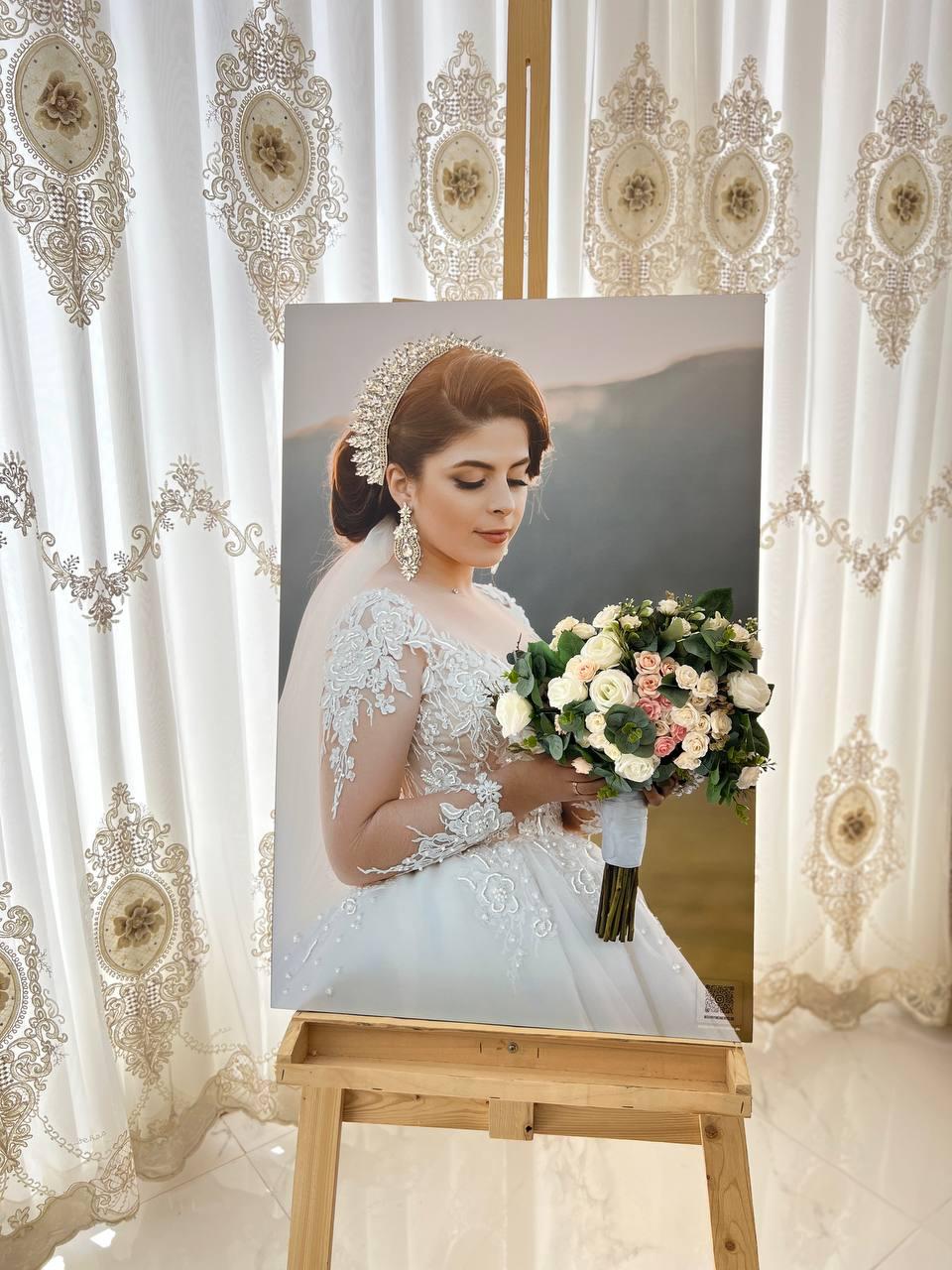 Fine art bridal portrait print featuring a bride with a pearl headpiece and rose bouquet