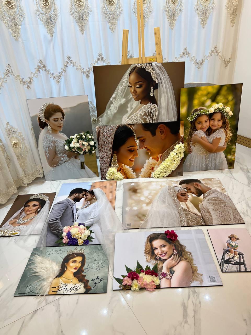 Bridal and portrait prints arranged together, showing the range of a full photography collection